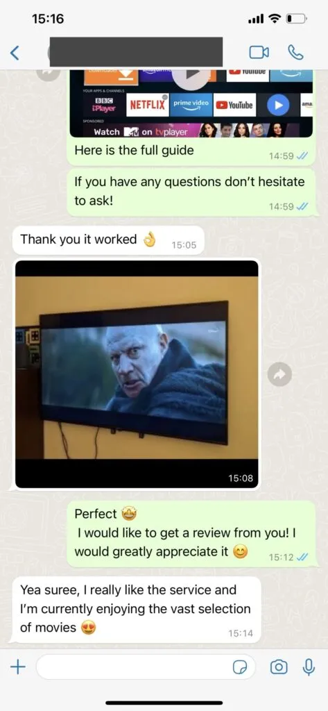 WhatsApp customer feedback screenshot 1 for edgetv